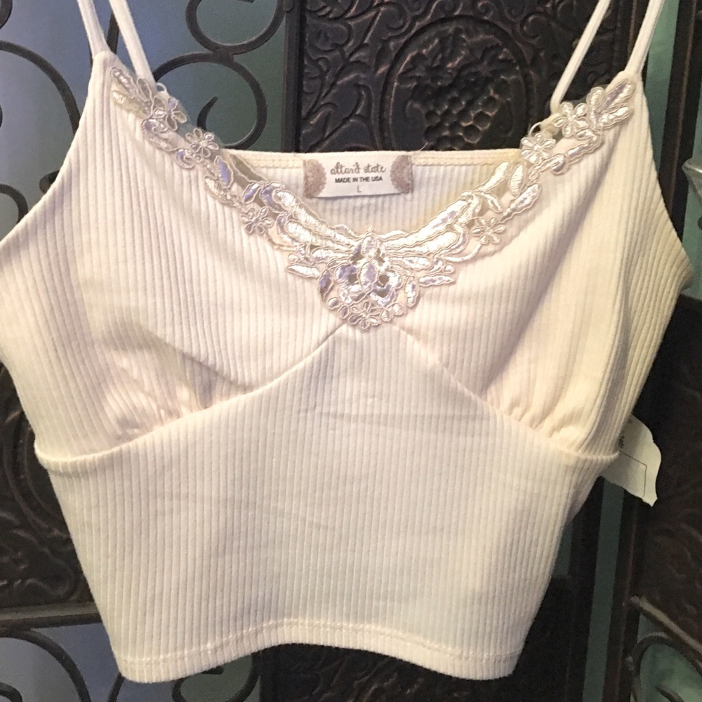 Altar'd State Cream Ribbed Embroidered Lace Trim Crop Cami Top - Large